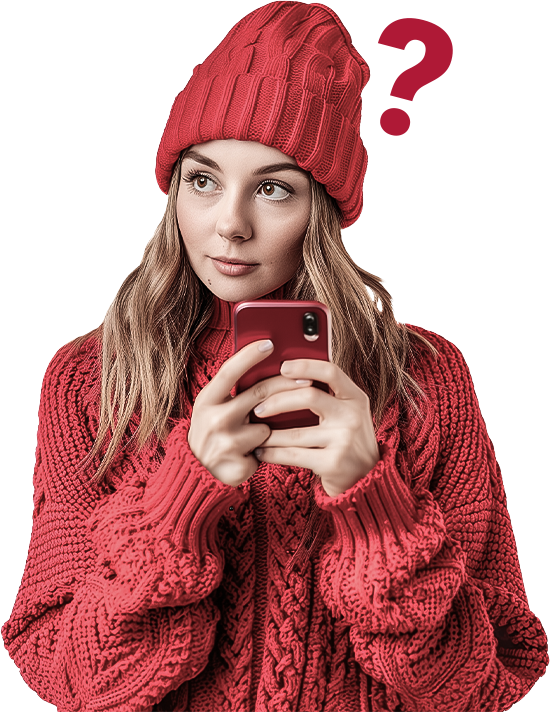 Girl wearing red sweater and hat, holding cellphone, thinking of calling All Year HVAC company