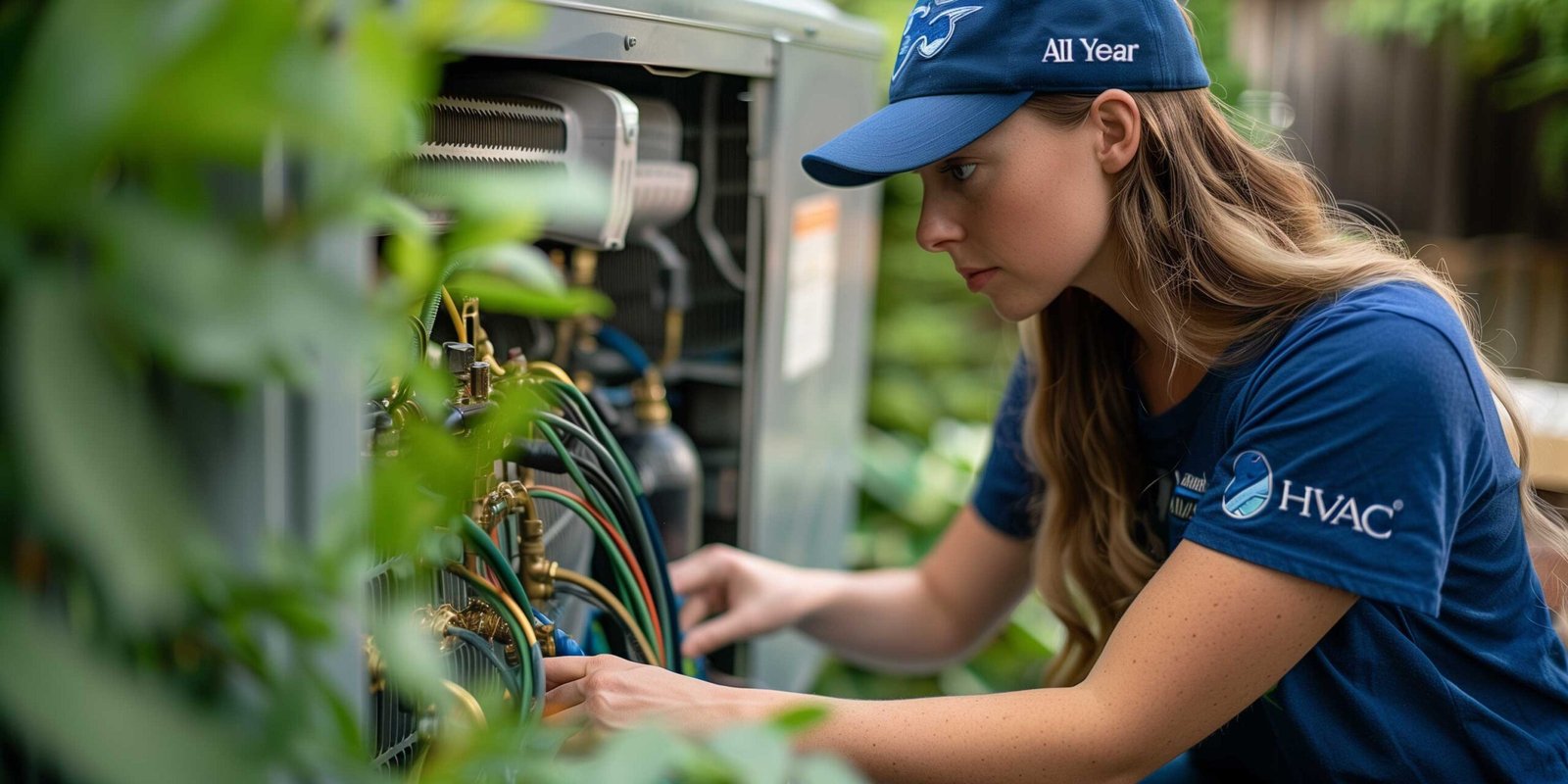 Woman in blue t-shirt and cap with All Year HVAC logo installing AC in backyard, air conditioning repair