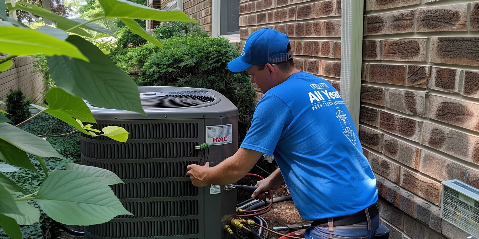 Man in backyard repairing AC, wearing blue cap and t-shirt with All Year HVAC logo, tools and trees, air conditioning repair