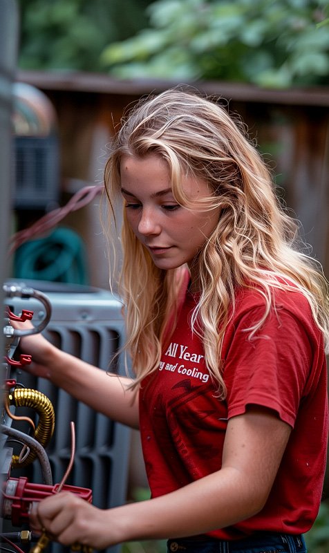 Female technician repairing a heat pump in a backyard, wearing red All Year Heating and Cooling t-shirt