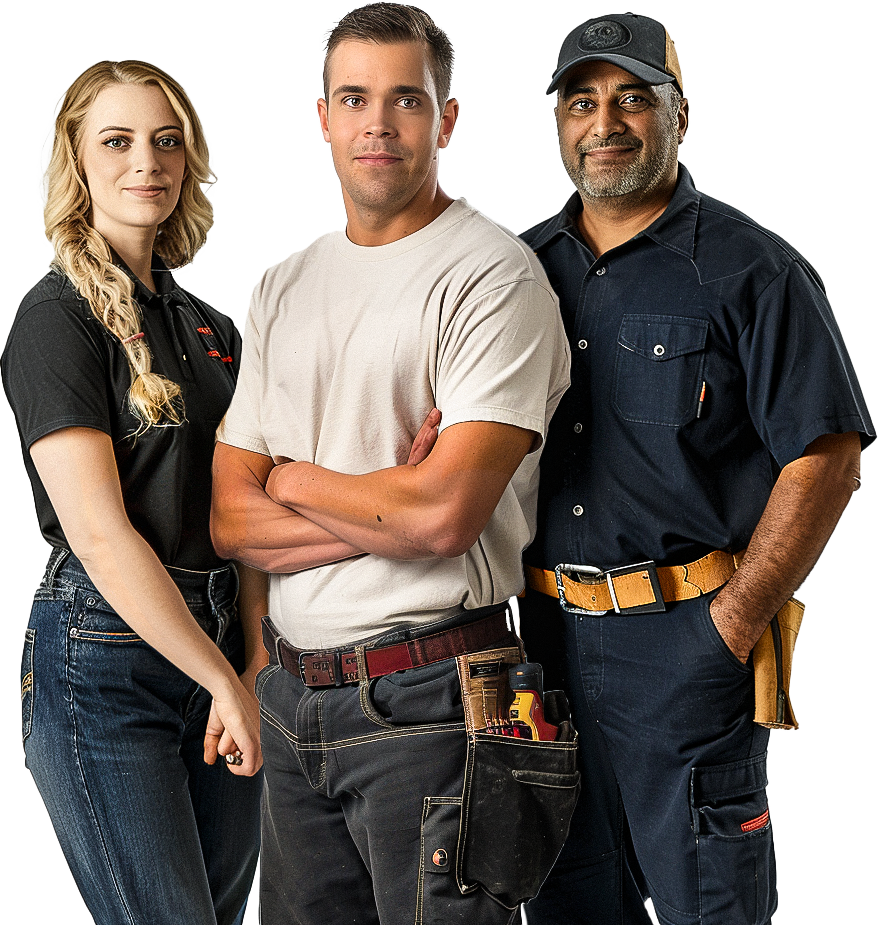 Three HVAC technicians standing together, two men and one woman, with friendly and welcoming smiles on a transparent background