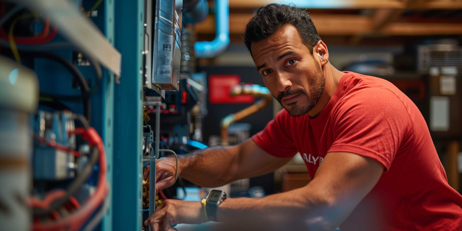 Man in red t-shirt installing heating in basement, All Year logo