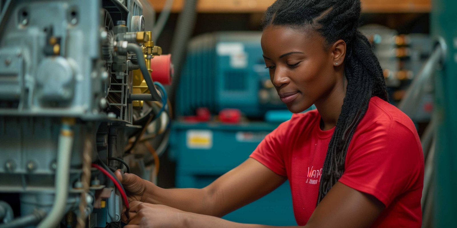 Woman in red t-shirt installing furnace, heating services