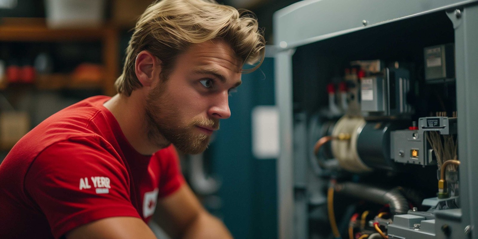 Blonde man diagnosing heating system issue, All Year Heating and Cooling red t-shirt