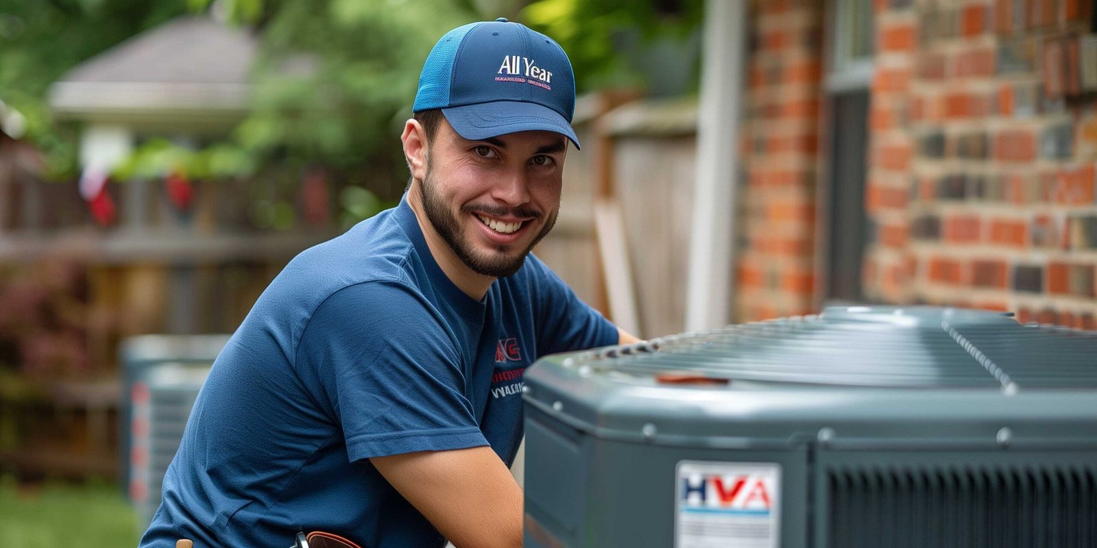 Man smiling at camera while maintaining AC in backyard, wearing blue cap and t-shirt, air conditioning repair