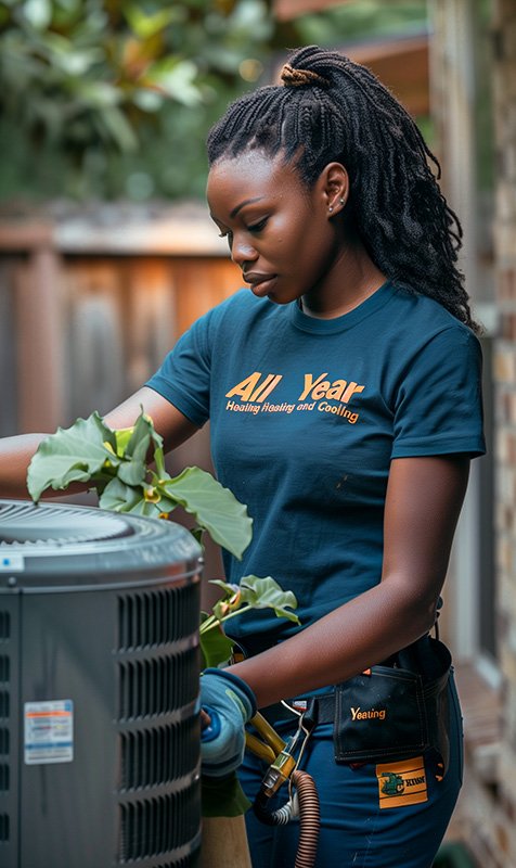 Woman technician wearing blue All Year Heating and Cooling t-shirt installing AC in backyard