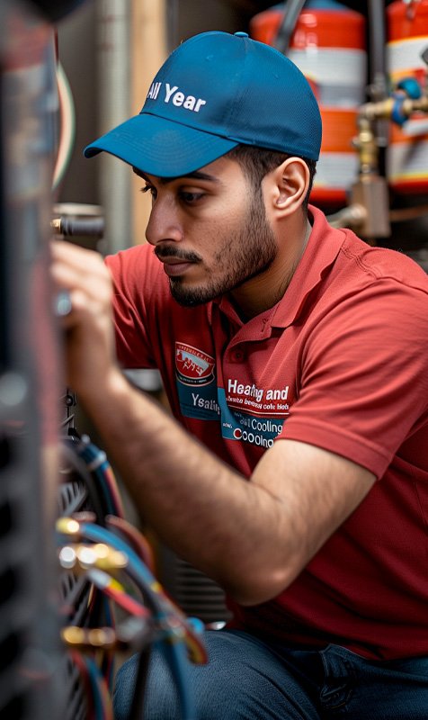 Young man wearing red t-shirt and blue All Year Heating and Cooling cap fixing a furnace in a basement