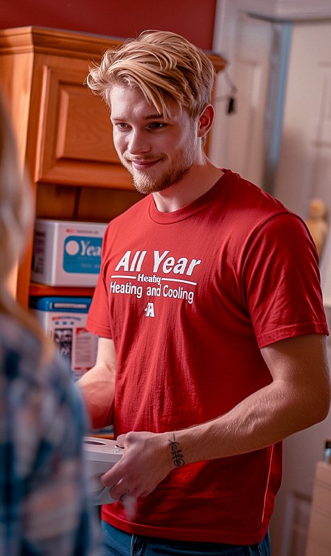 Young man with blonde hair wearing red All Year Heating and Cooling t-shirt explaining benefits of humidifiers and dehumidifiers to a customer at their home