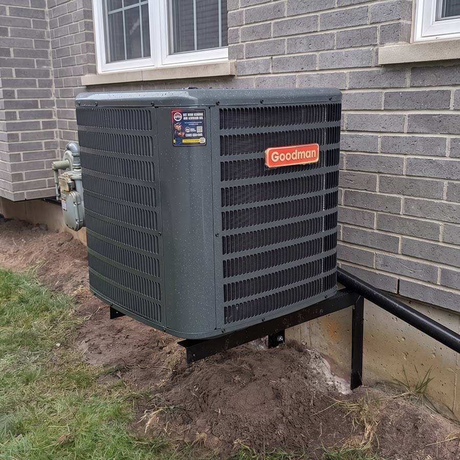 Goodman air conditioner condenser unit cleanly installed in Guelph.