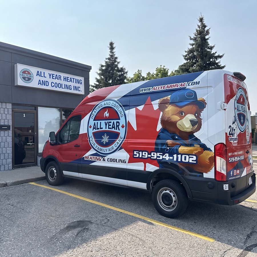 All Year Heating & Cooling service van parked outside of office in Waterloo.