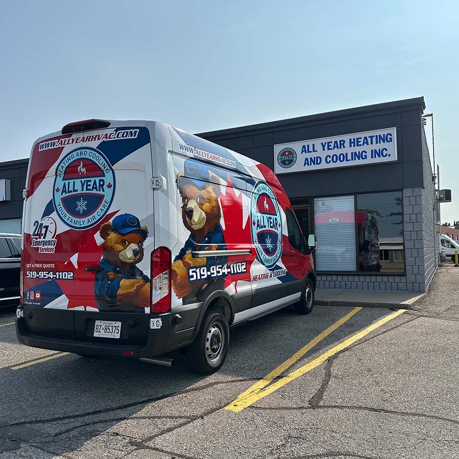 All Year Heating & Cooling service van parked outside All Year's office in Waterloo.