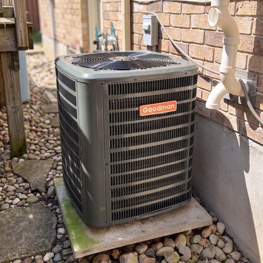 A quiet, modern residential air conditioner installed neatly beside a brick home at a Waterloo property.