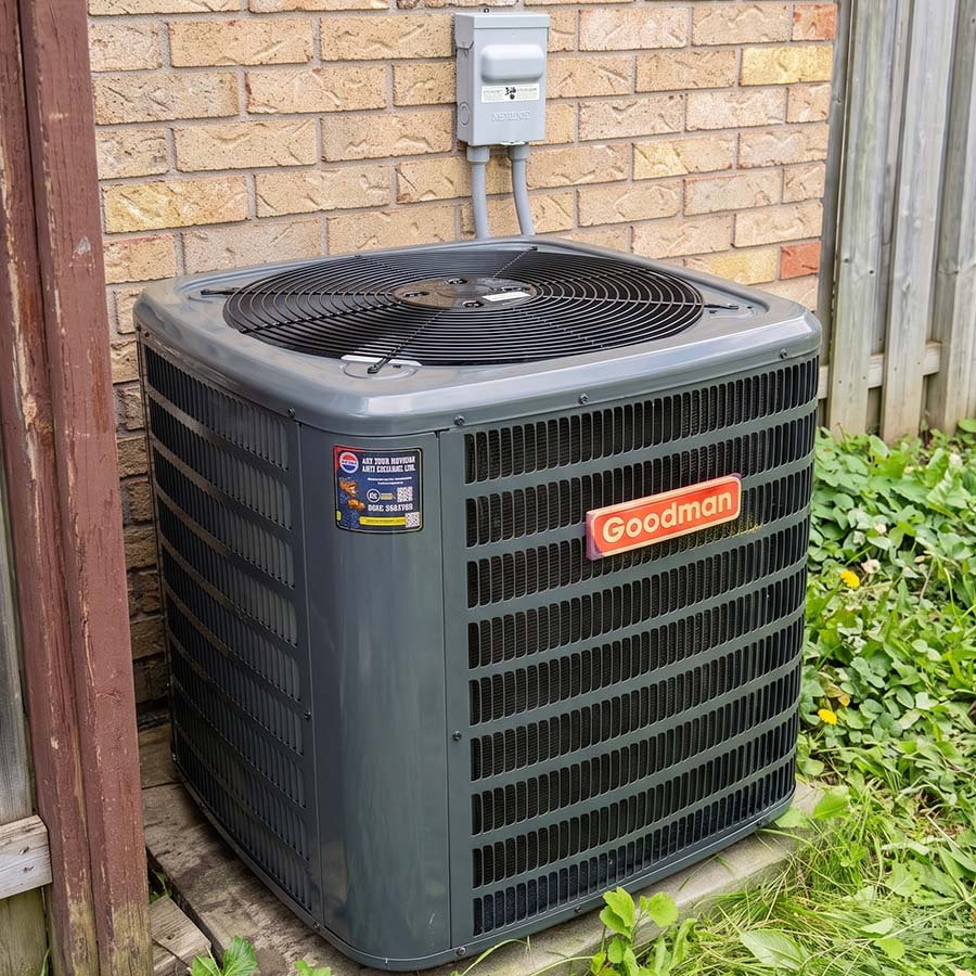 A high-SEER air conditioning unit resting on a level composite pad in a Kitchener yard, ready for summer cooling.