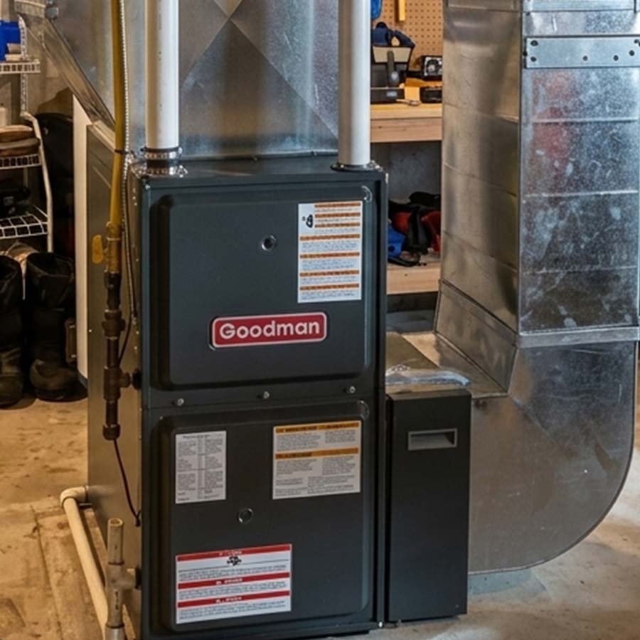 Close-up of a newly replaced high-efficiency Goodman furnace unit in a Kitchener home.