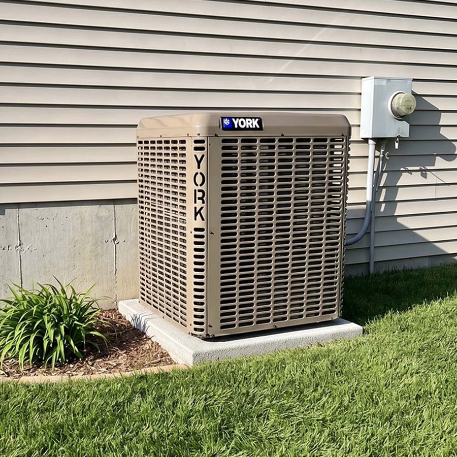 High-efficiency central York AC condenser unit installed on a concrete pad in Kitchener.