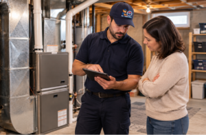 HVAC technician reviewing a rental property gas inspection with a landlord in Waterloo
