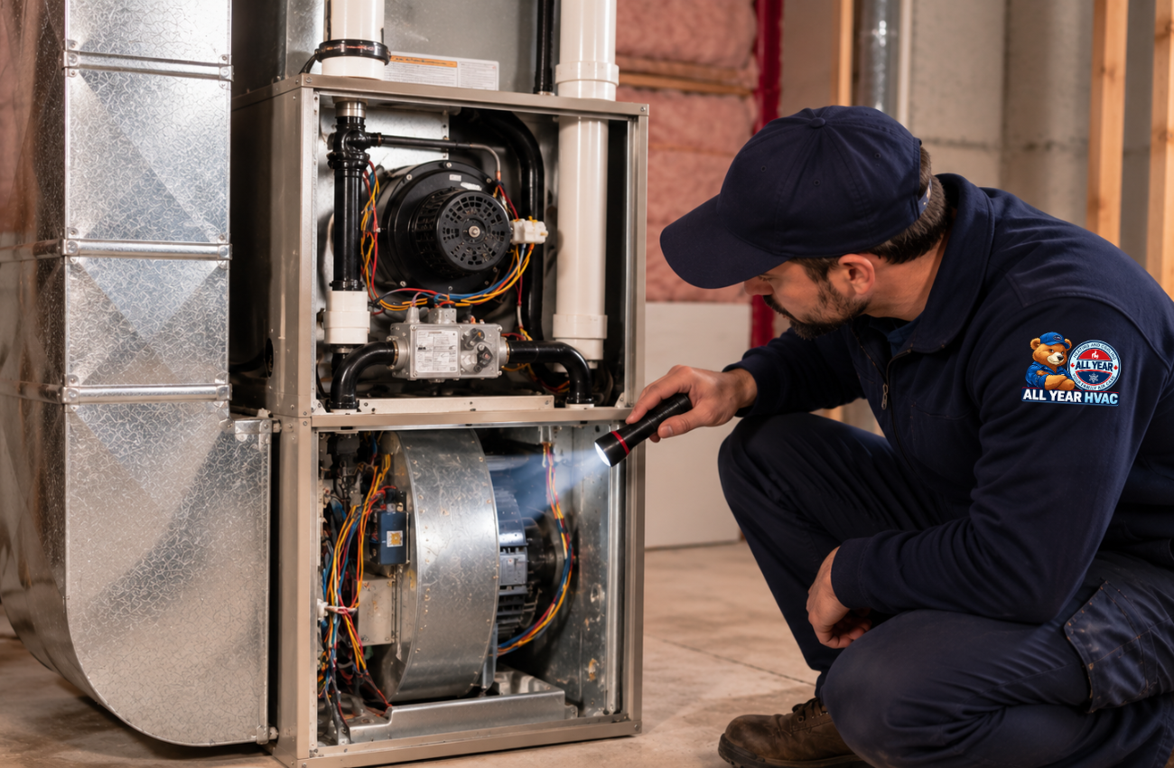 HVAC technician inspecting a furnace blower motor in an Ontario home