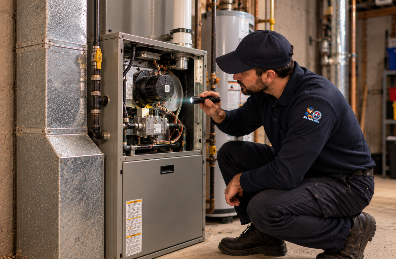 HVAC technician inspecting an older furnace in Ontario