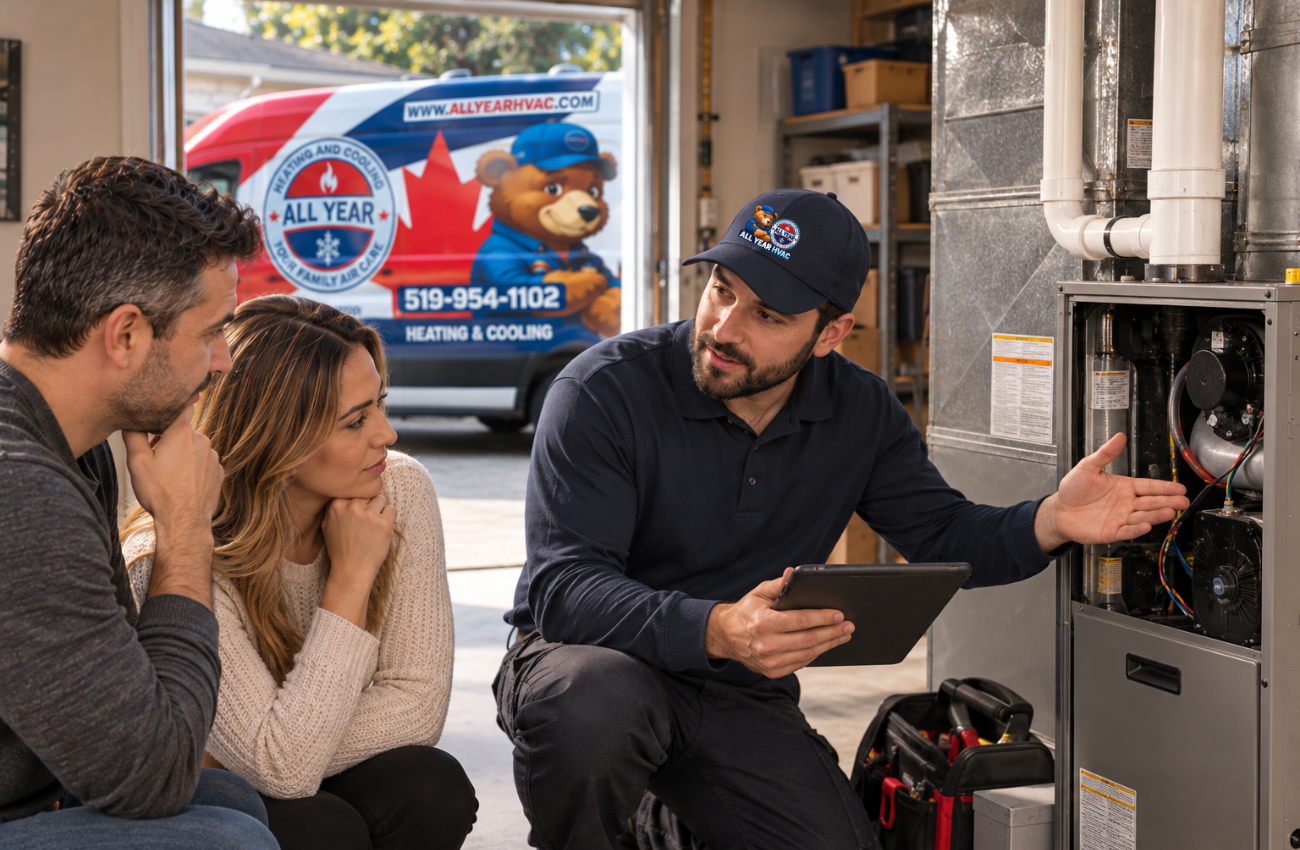 Technician discussing furnace repair vs replacement with homeowners in Kitchener-Waterloo
