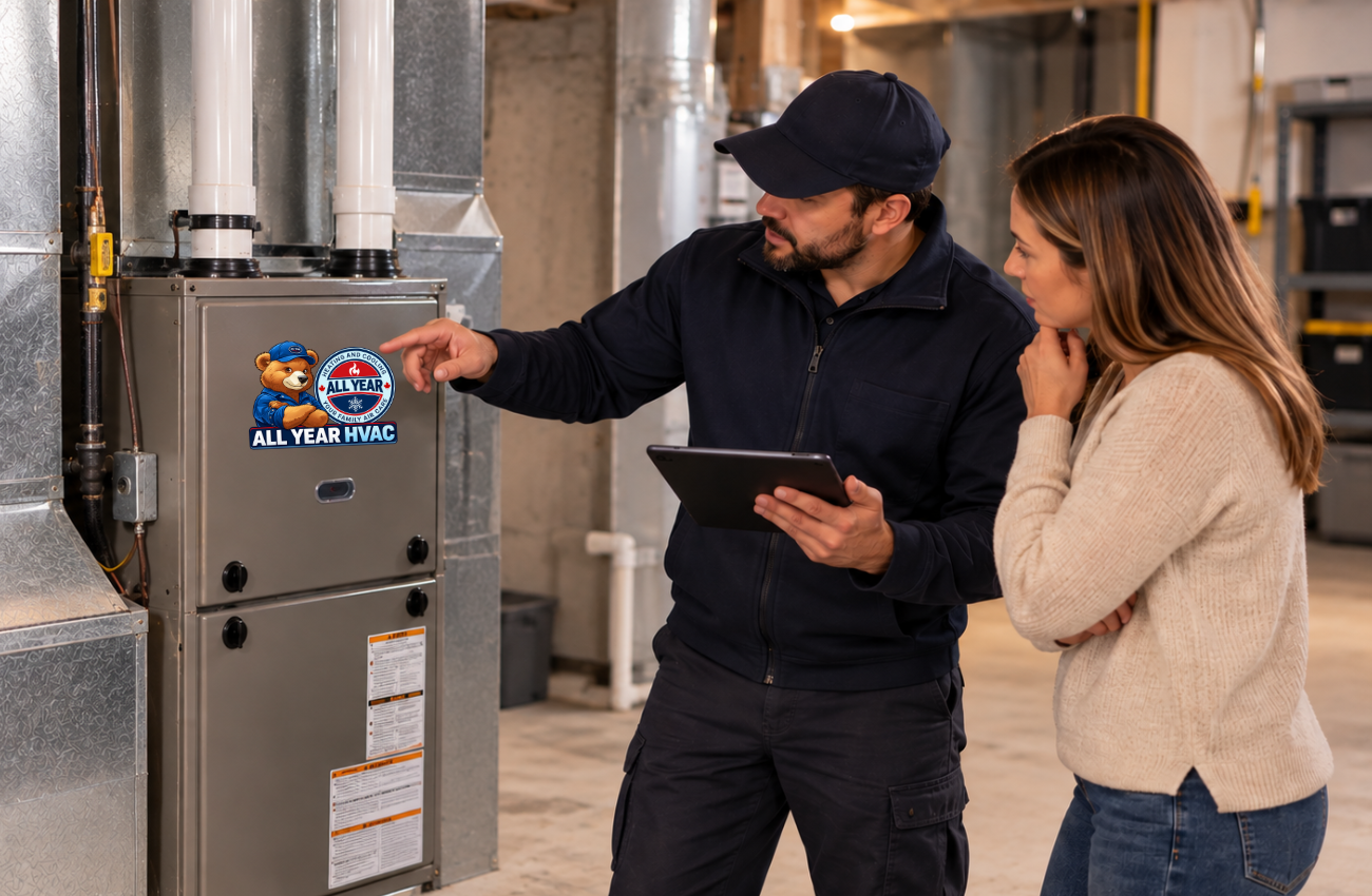 HVAC technician explaining single-stage, two-stage and modulating furnace options to a homeowner
