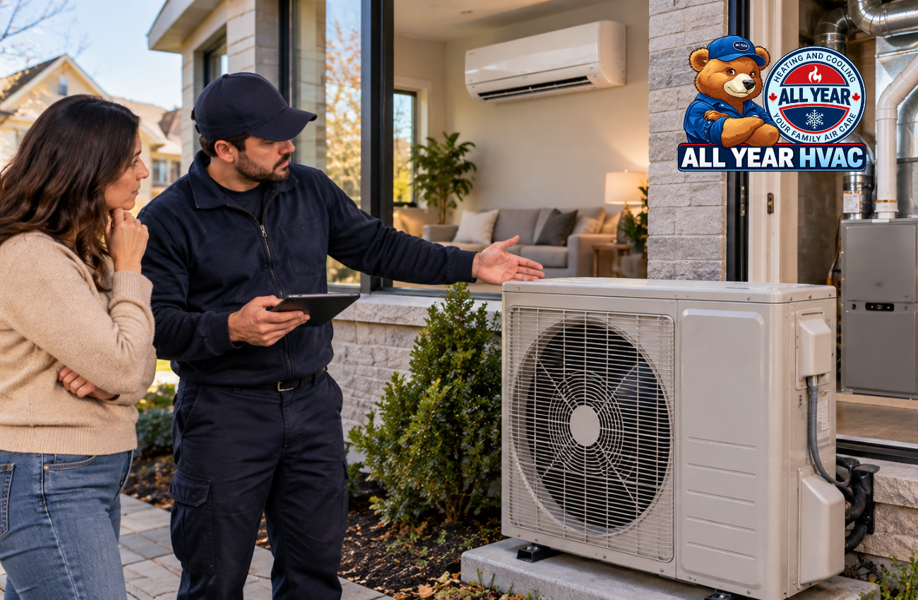 HVAC technician explaining heat pump options to a homeowner in Kitchener-Waterloo