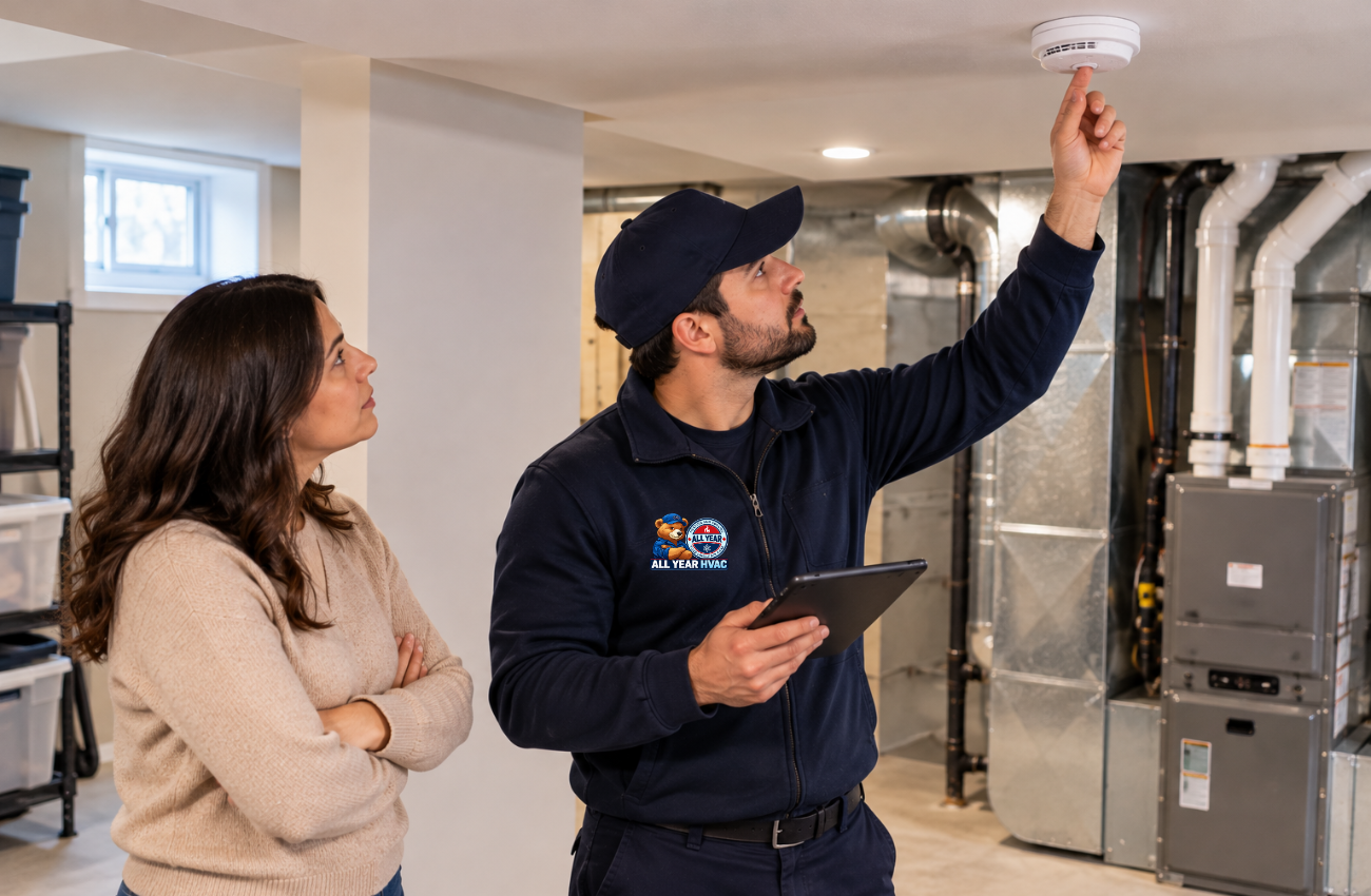 HVAC technician checking a smoke and carbon monoxide alarm in an Ontario home