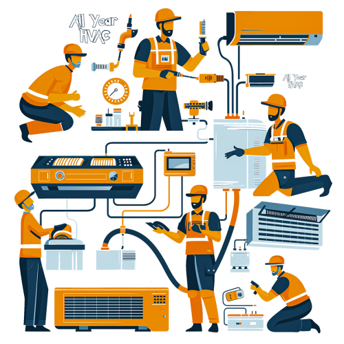 Vector illustration of HVAC technicians performing AC repair steps