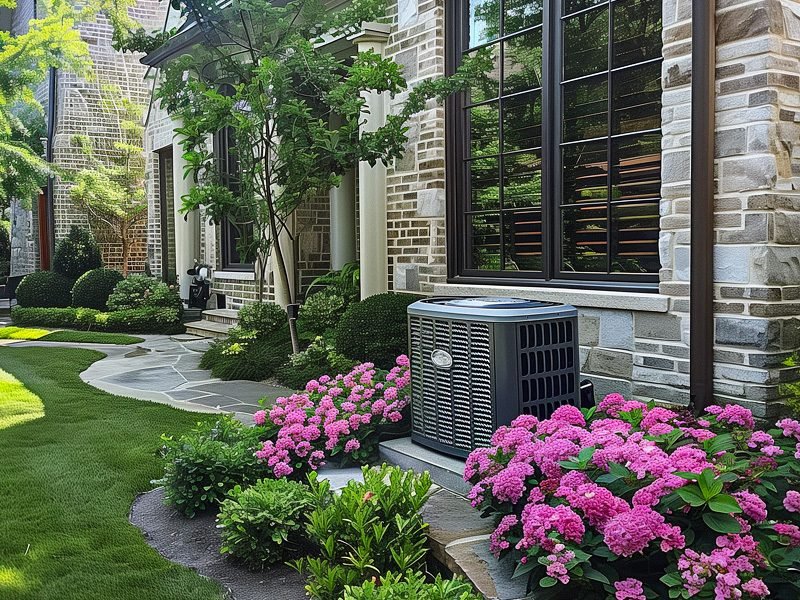 Large house with installed air conditioner, flowers, and summer setting